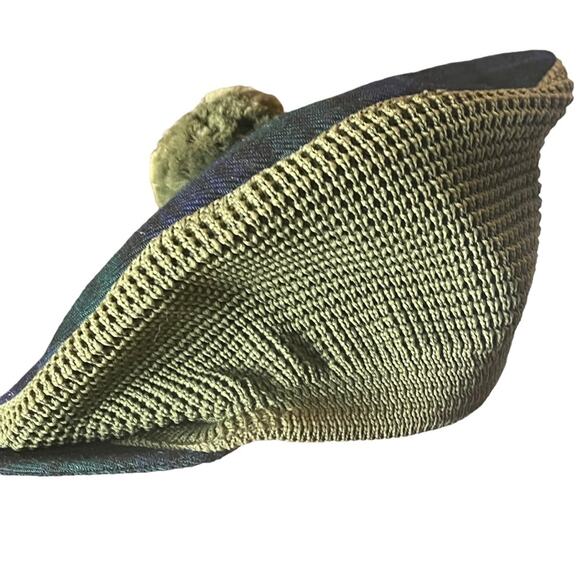 Scottish Tam Blue and Green Plaid Wool Golfing Driving Hat Knit With Pom Pom - Picture 10 of 11